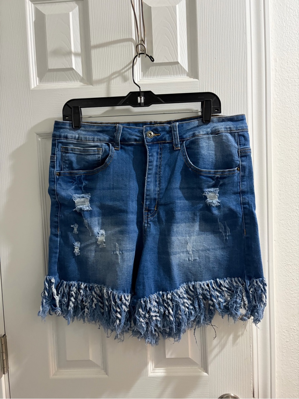 L&B Distressed Blue Denim Mini Shorts with Frayed Fringe